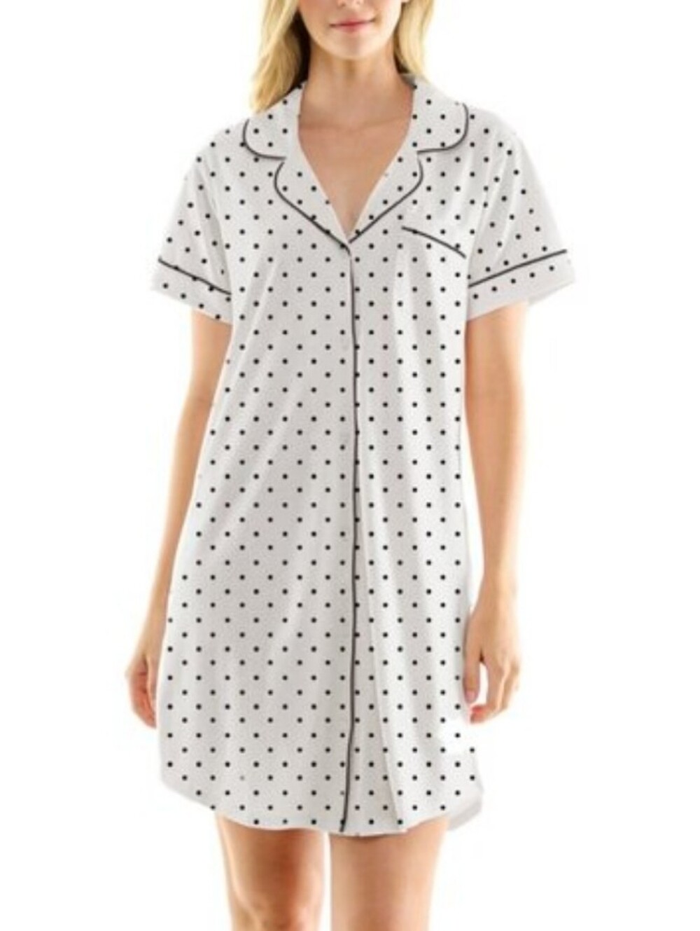 Jaclyn Intimates Polka Dot Short Sleeve Nightshirt - Brushed Gray W Black Piping